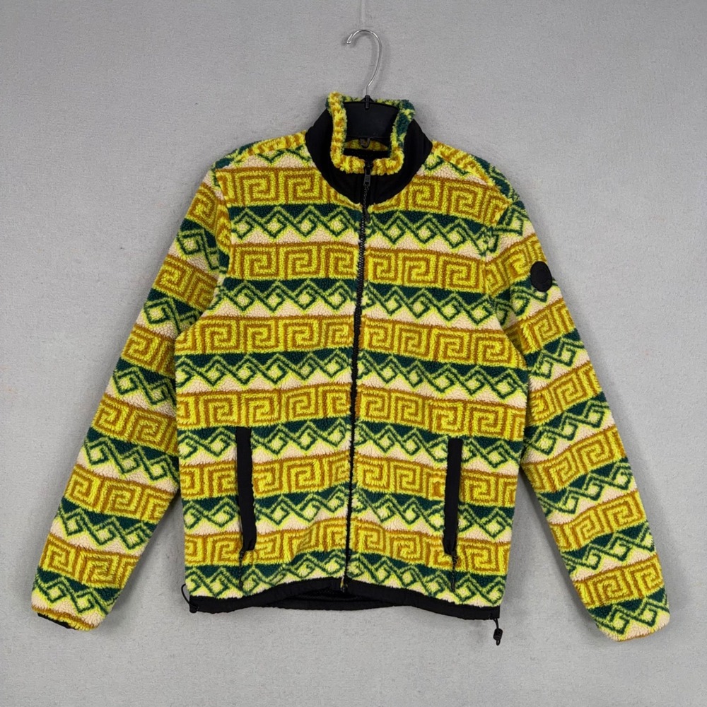 American Eagle Fleece Jacket Mens Small Yellow Geometric Full Zip Aztec Gorpcore